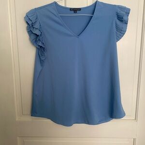 Adrianna Papell Sky Blue V-Neck Top with Pleated Flutter Sleeves